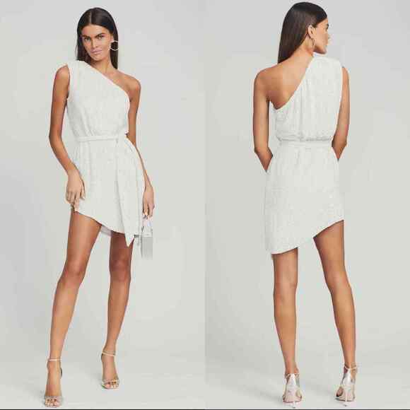 Retrofete Ella‎ Sequin Dress Mini One Shoulder White Bride Bridal NEW - Picture 1 of 9